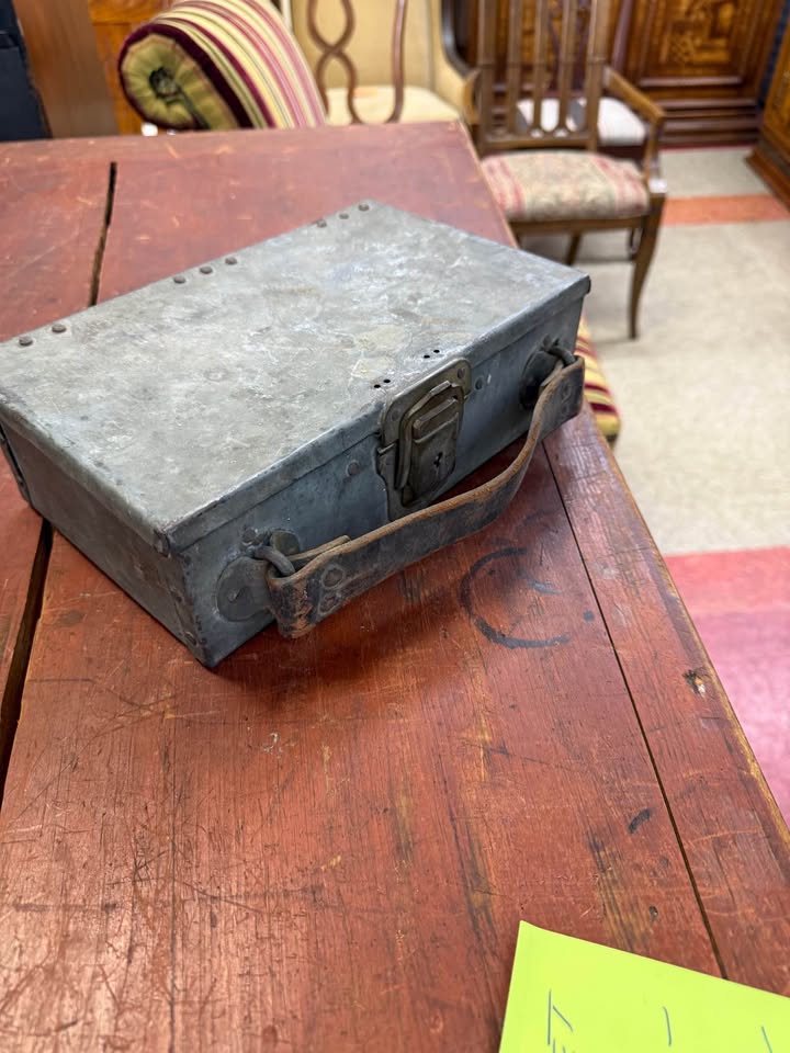 Vintage Handmade Steel Box with Leather Handle handle Vintage Handmade Steel Box with Leather Handle