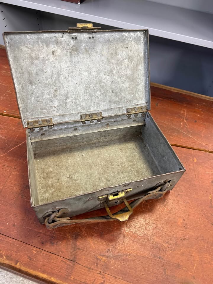Vintage Handmade Steel Box with Leather Handle inside Vintage Handmade Steel Box with Leather Handle