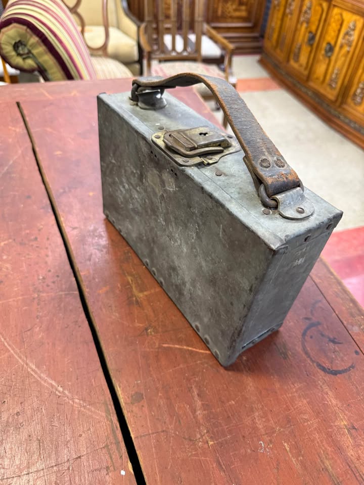Vintage Handmade Steel Box with Leather Handle side Vintage Handmade Steel Box with Leather Handle