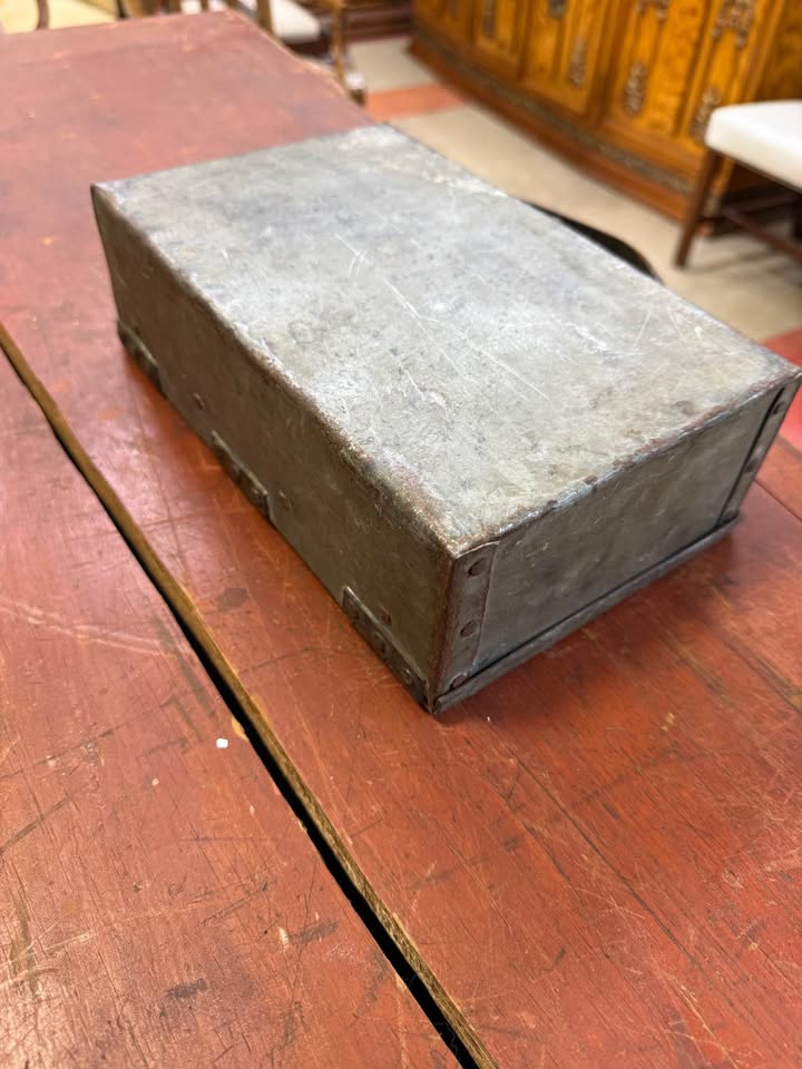 Vintage Handmade Steel Box with Leather Handle top Vintage Handmade Steel Box with Leather Handle