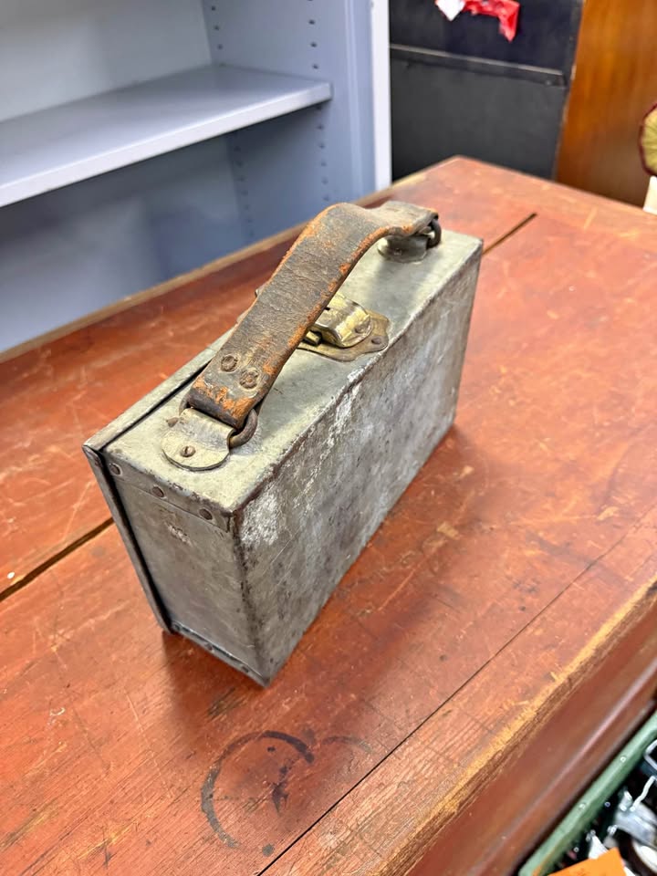 Vintage Handmade Steel Box with Leather Handle Vintage Handmade Steel Box with Leather Handle