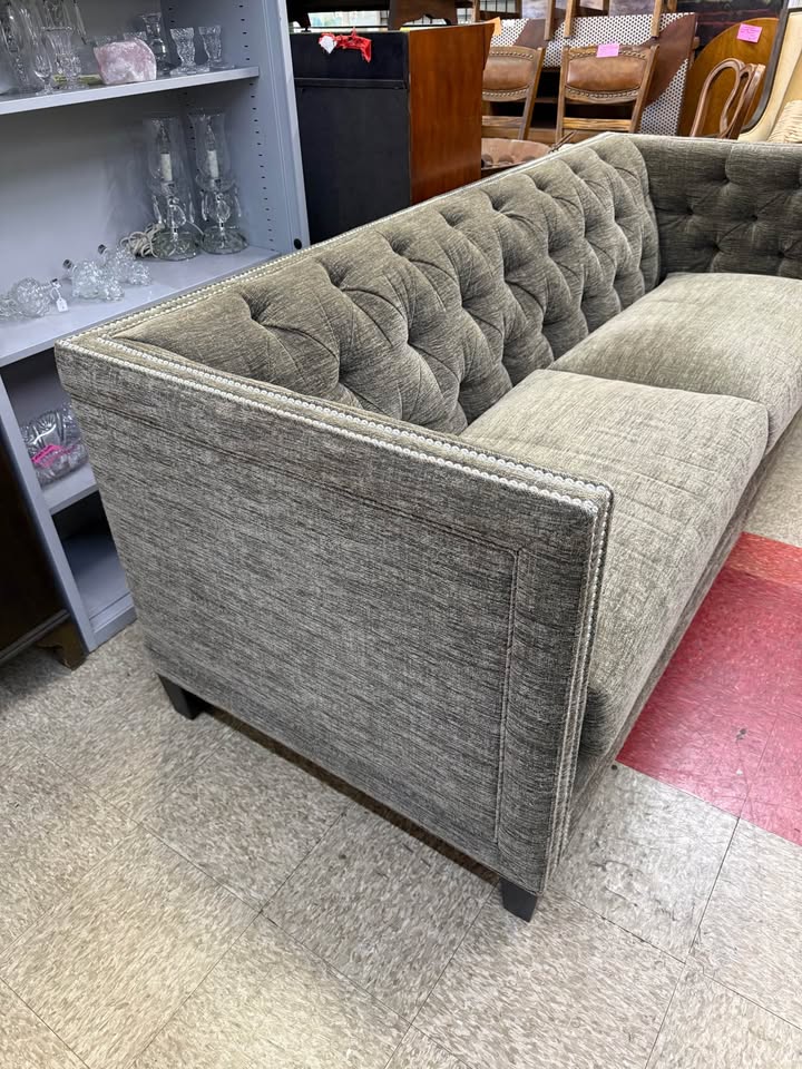 Gray Tufted Kravet Sofa angle Gray Tufted Kravet Sofa