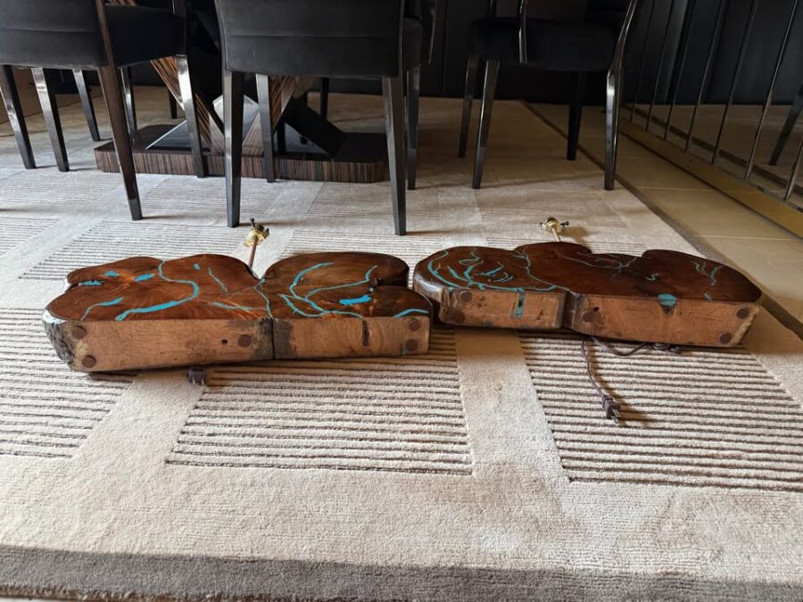 Pair of Mesquite Stump Lamps with Turquoise Inlay bottoms Pair of Mesquite Stump Lamps with Turquoise Inlay