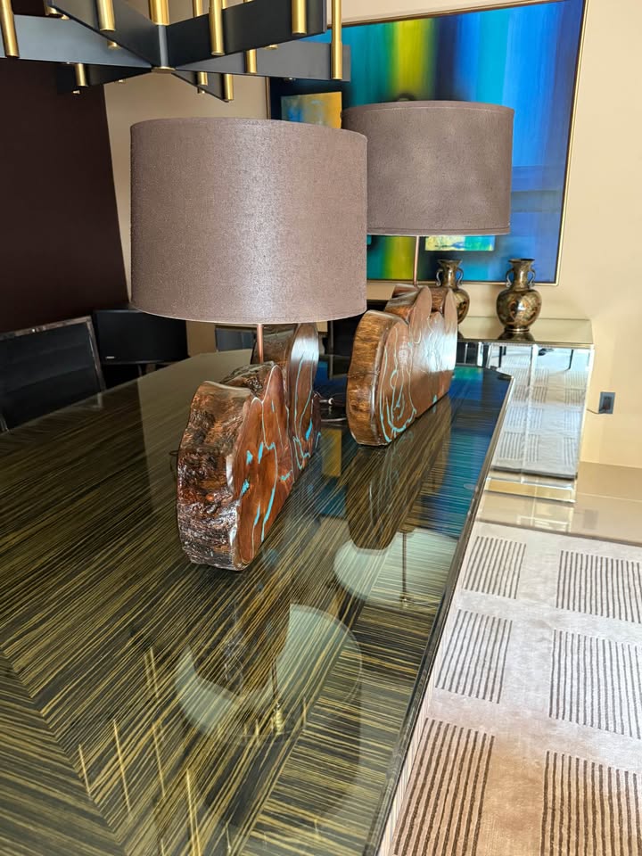 Pair of Mesquite Stump Lamps with Turquoise Inlay side Pair of Mesquite Stump Lamps with Turquoise Inlay
