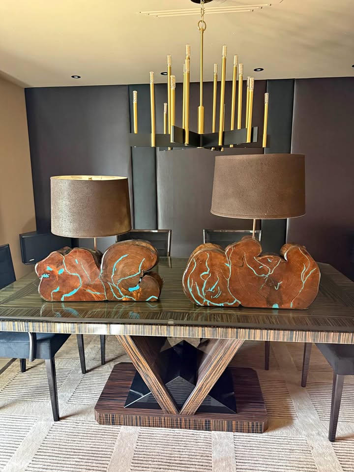 Pair of Mesquite Stump Lamps with Turquoise Inlay Pair of Mesquite Stump Lamps with Turquoise Inlay