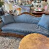 Pre-Victorian Antique Sofa with blue fabric and wood surrounded and two matching throw pillows