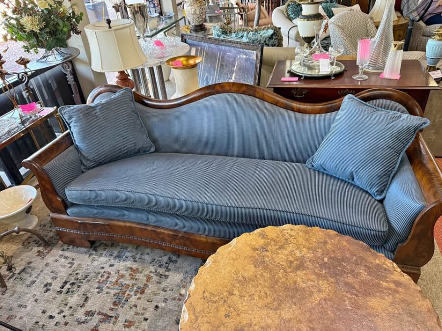 Pre-Victorian Antique Sofa with blue fabric and wood surrounded and two matching throw pillows